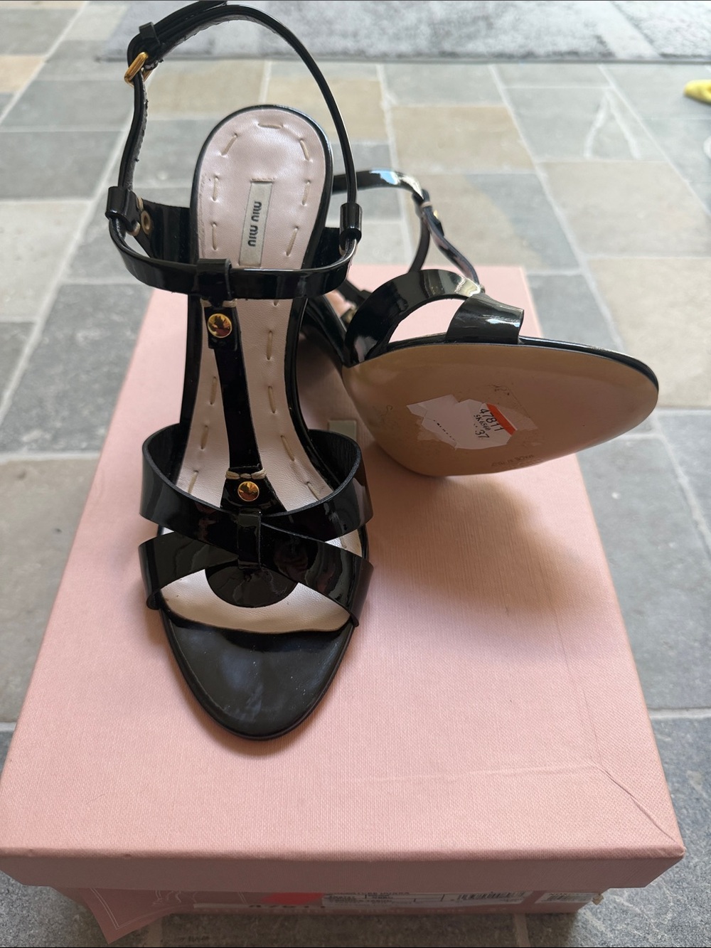Miu Miu Black Patent T-Strap Heeled Sandals